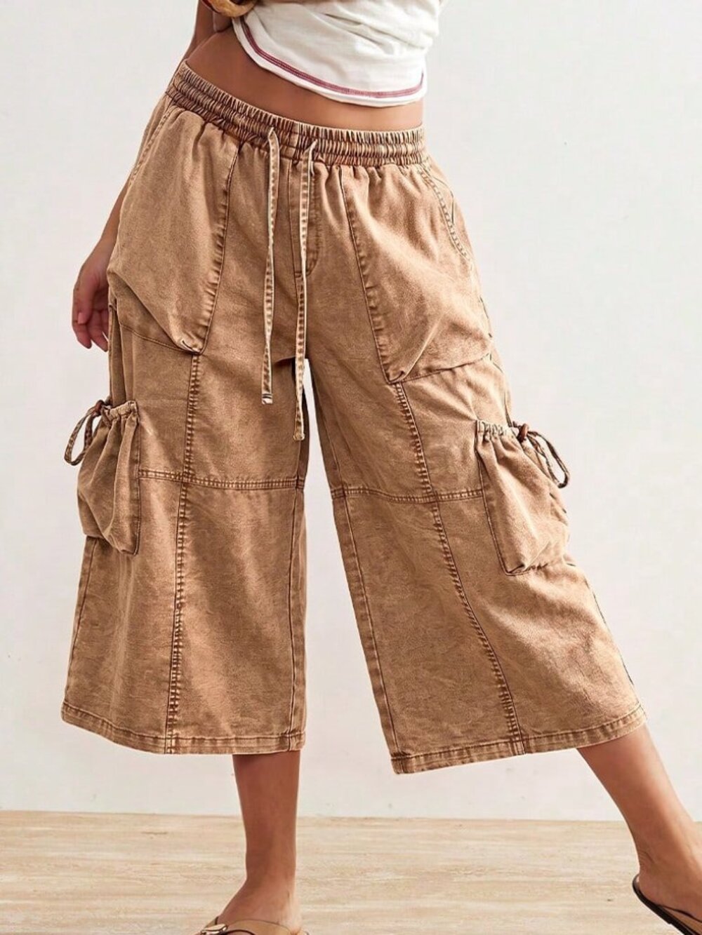 Brown Casual Women's Woven Capri Length Pants - Picture 6 of 7